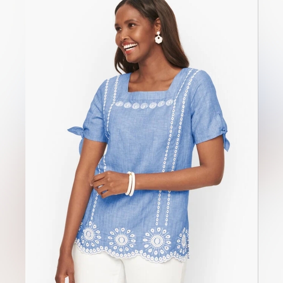 Talbots Tops - TALBOTS Linen Embroidered Square Neck Top Size XLP